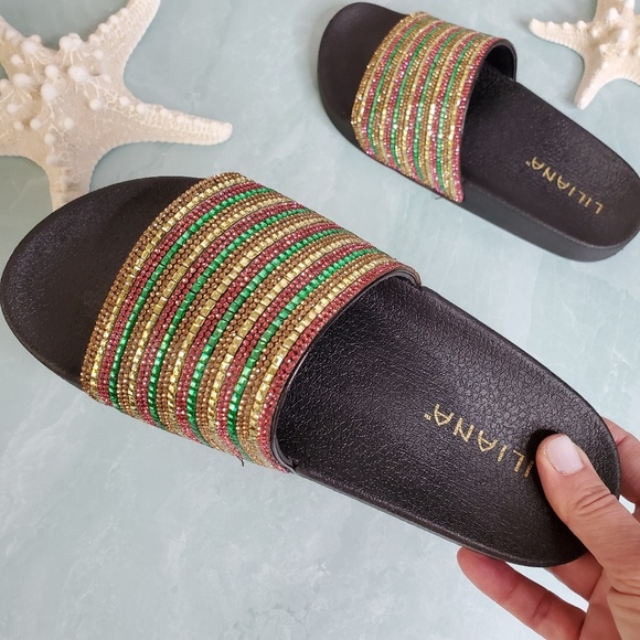 New! Liliana Multi Color Stripe Sequin Slides - Picture 2 of 5